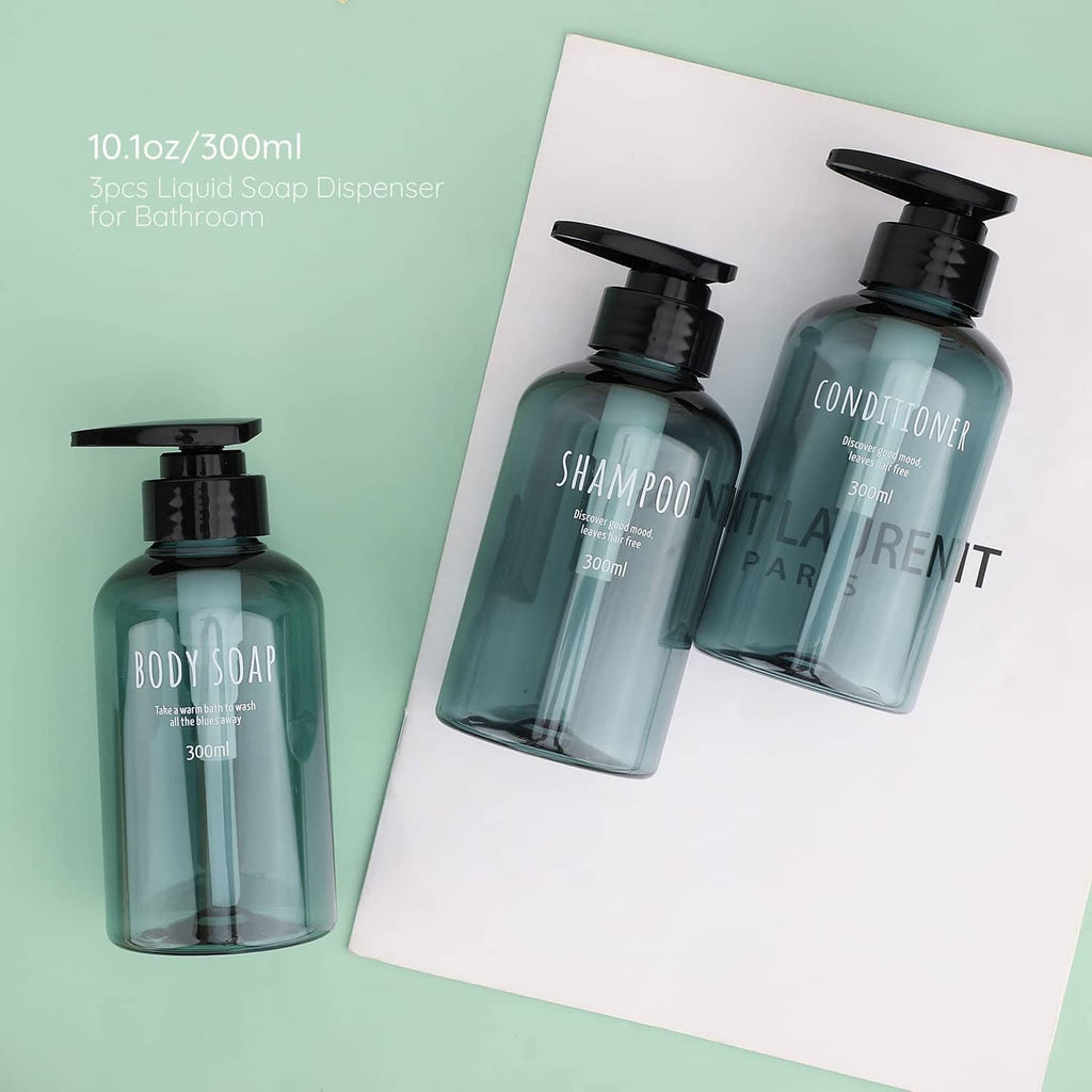 Box set with three teal liquid soap dispenser bottles, black pumps, size 10.1oz/300ml
