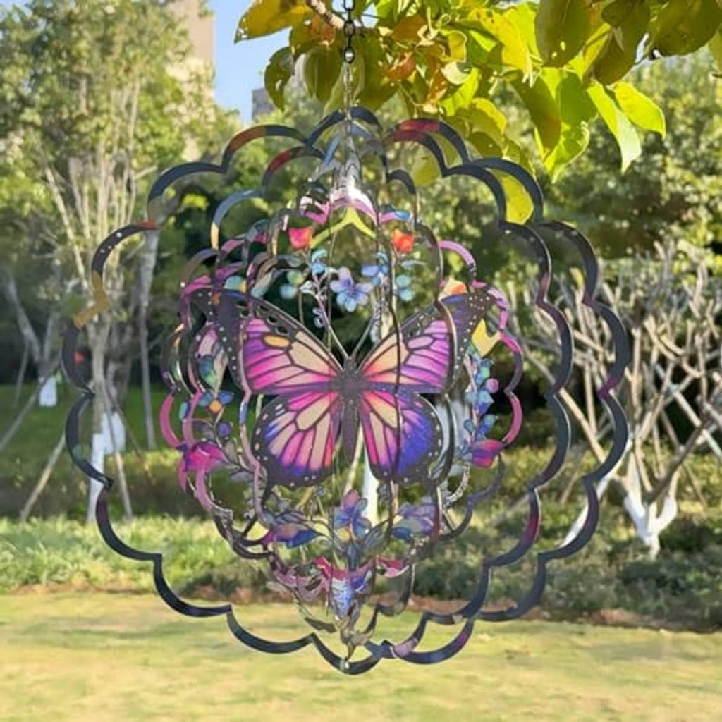 Butterfly metal wind spinner with purple-pink wings and scalloped rainbow rings