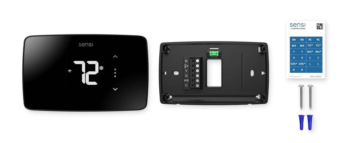 Black Sensi Lite smart thermostat shown front, backplate, and included mounting parts
