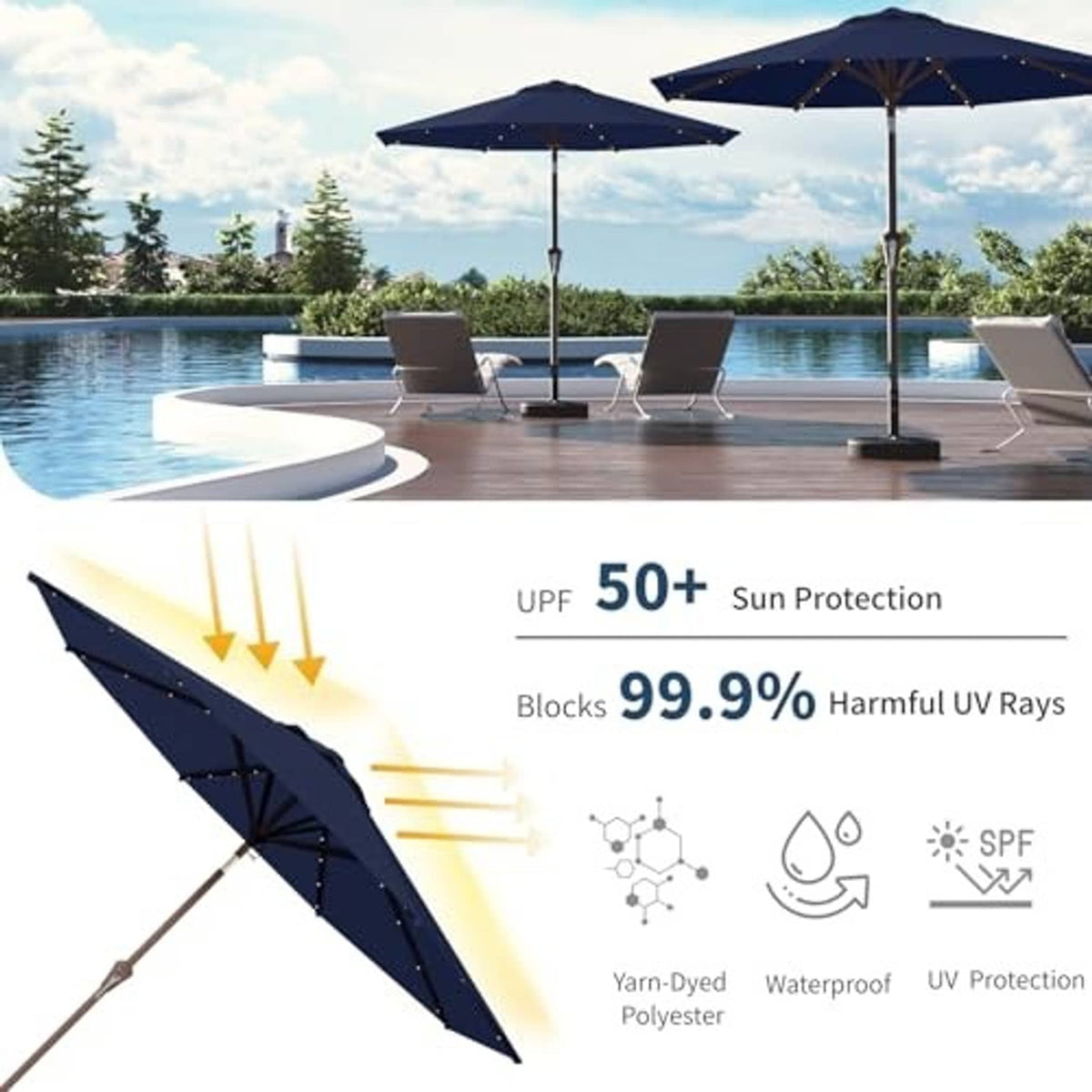 Navy solar LED patio umbrella angled with warm light beads under canopy