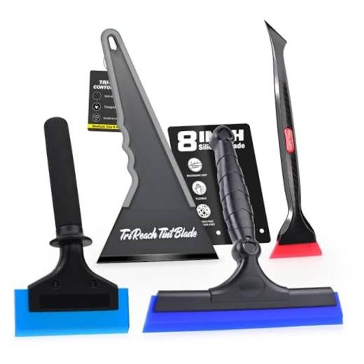 Window tint squeegee kit with multiple blades, including red-edged and angled tools