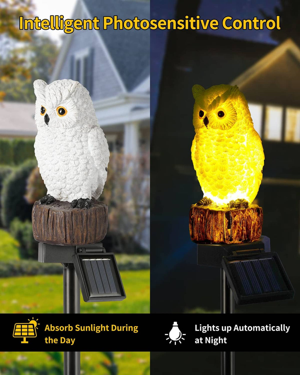 Snowy white and yellow glowing owl solar garden stake lights with log bases