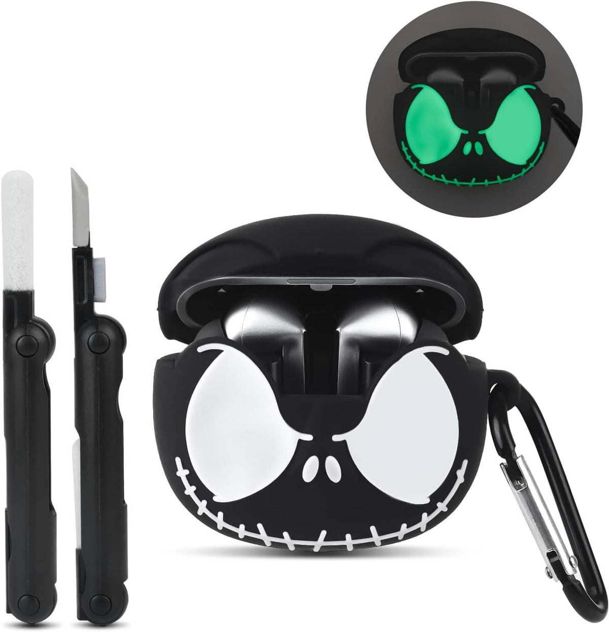 Black earbuds case cover with earbuds, green accents, and included cleaning tools
