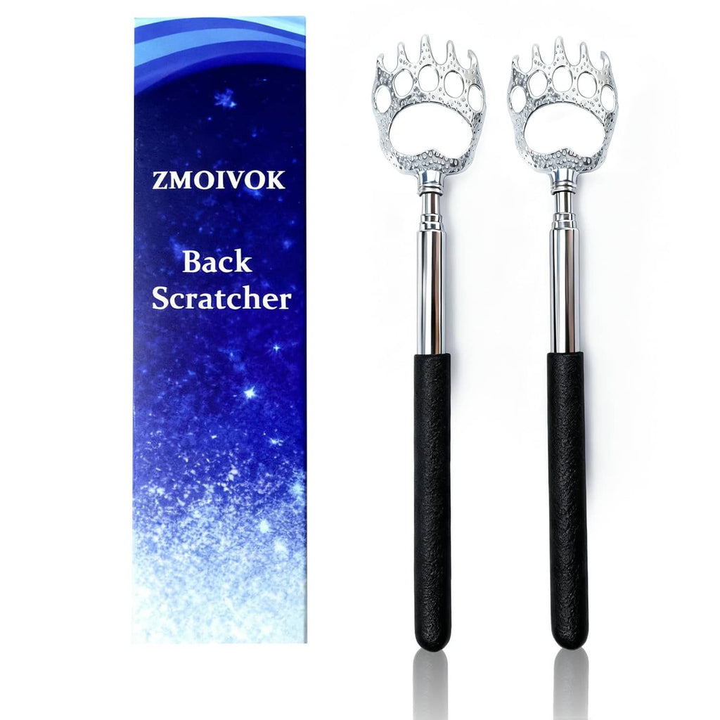 Extendable back scratcher set with black rubber grip and silver bear-claw head, 2 pack
