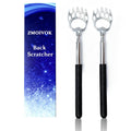 Extendable back scratcher set with black rubber grip and silver bear-claw head, 2 pack