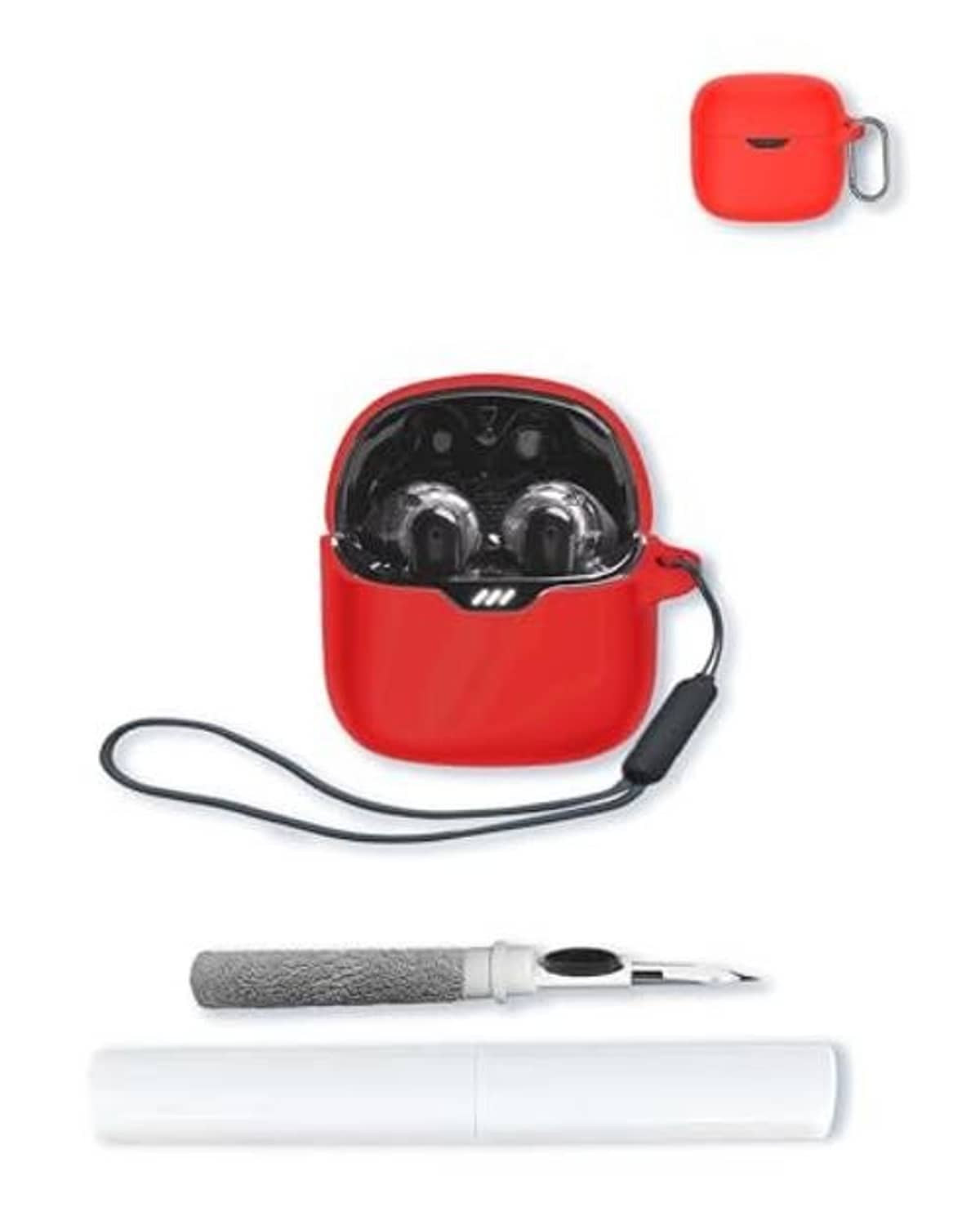 Soft red silicone earbuds case with keychain clip, open front, earbuds and cable shown