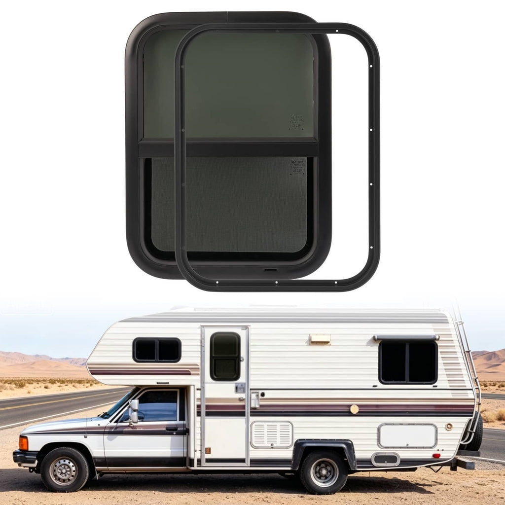 RV vertical slider window with dark tinted glass and built-in screen, black frame.
