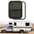 RV vertical slider window with dark tinted glass and built-in screen, black frame.