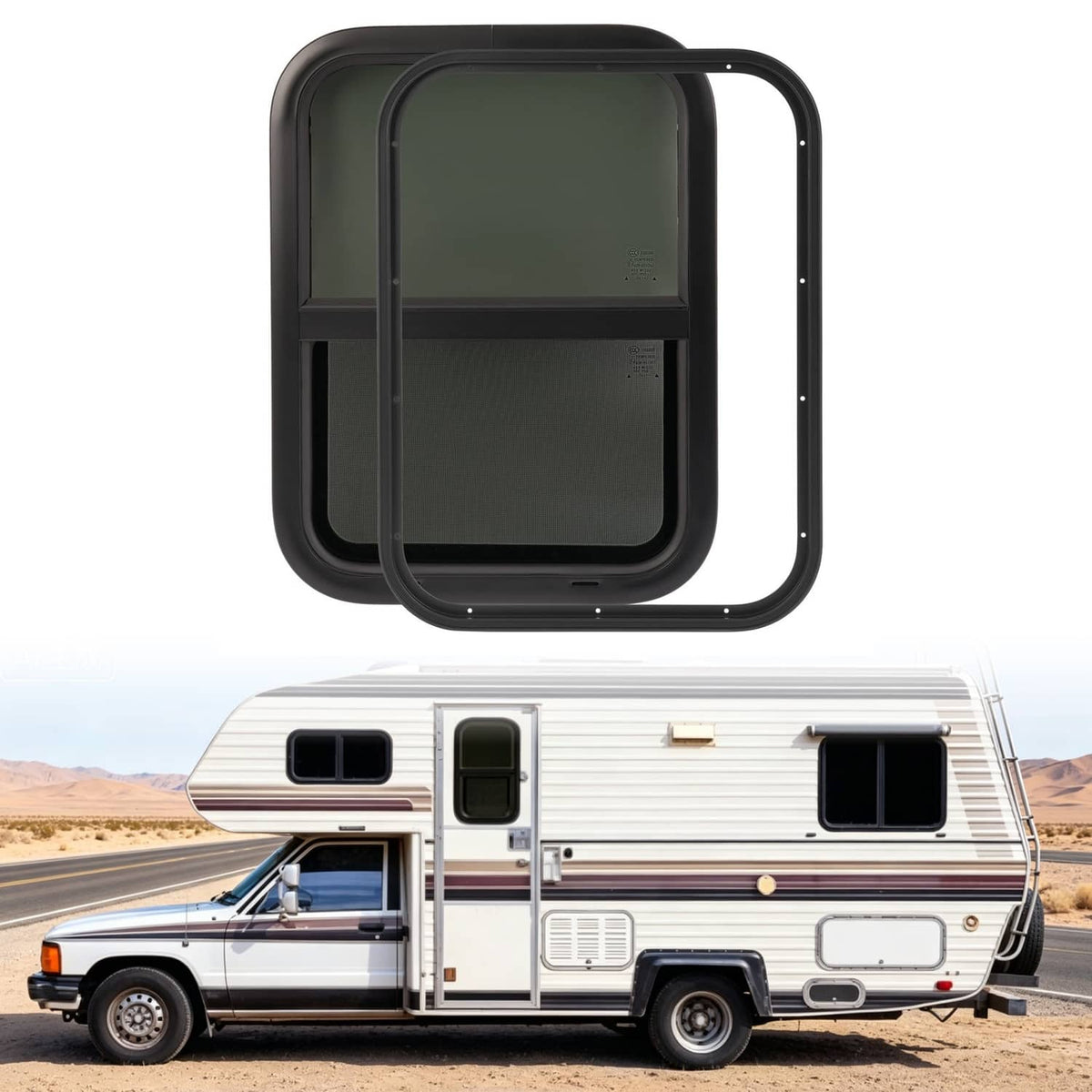 RV vertical slider window with dark tinted glass and built-in screen, black frame.