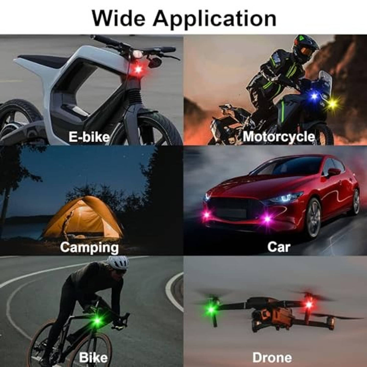 LED strobe lights flashing on bike, car, and drone for multi-color visibility