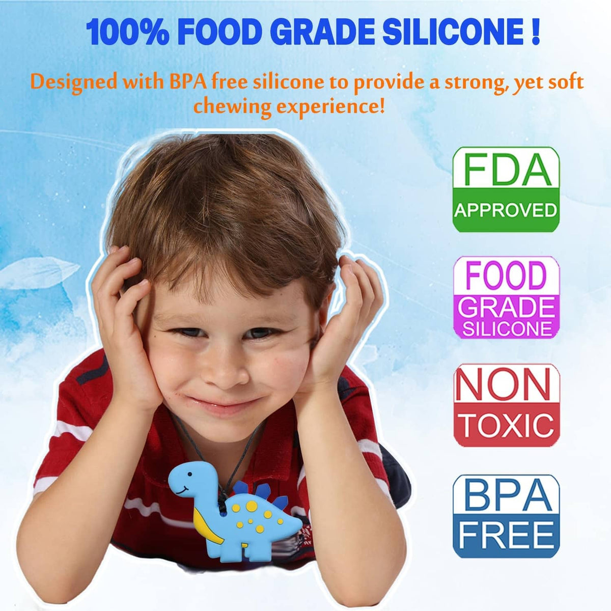 Child wearing a blue and yellow silicone dinosaur chew necklace with black cord and pendant