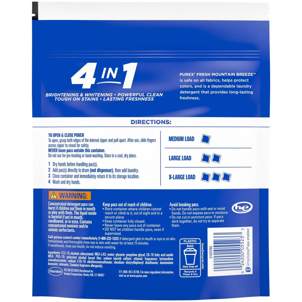 Purex 4-in-1 detergent pouch back with directions and load guide