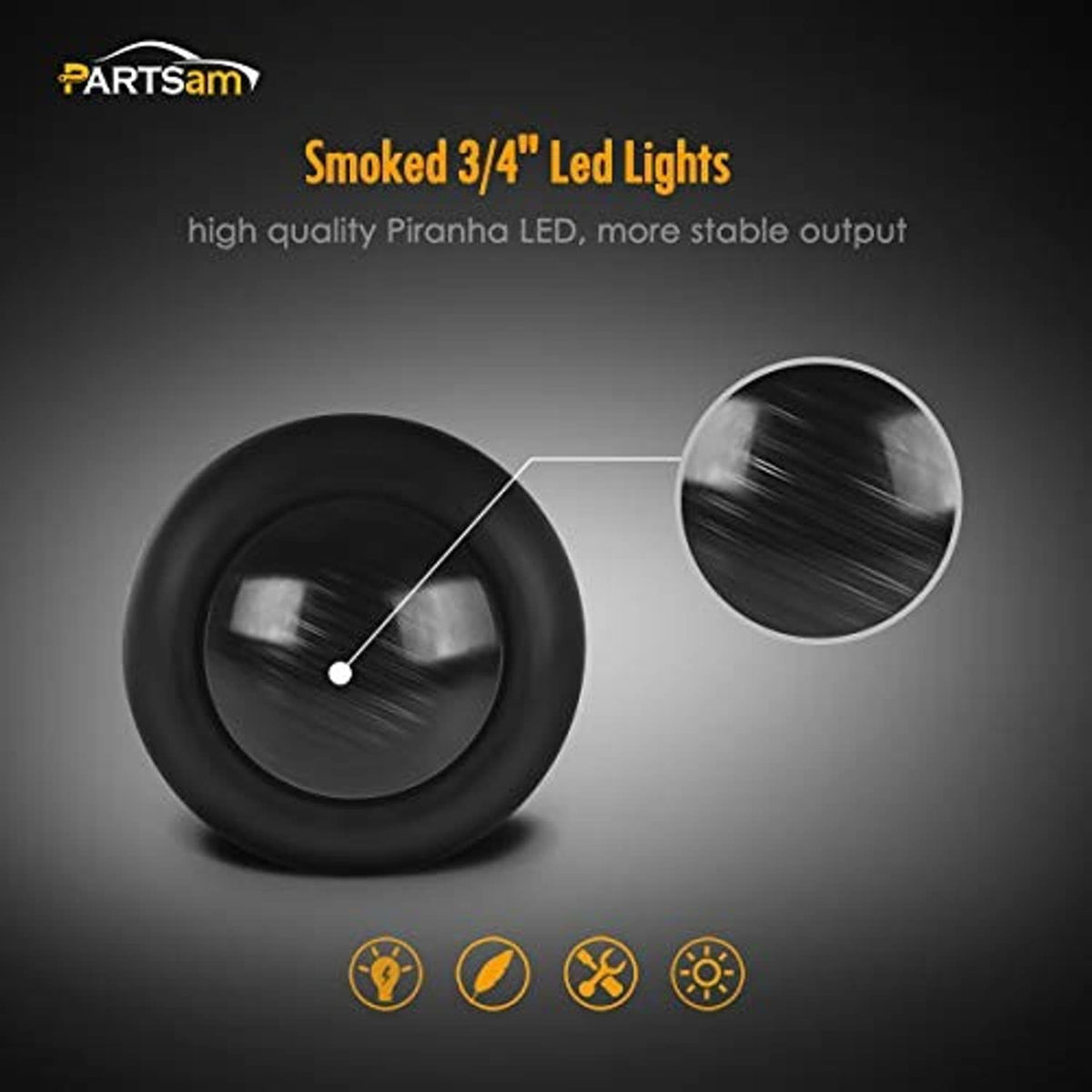 Smoked 3/4" round LED marker light, close-up of black bezel and clear lens