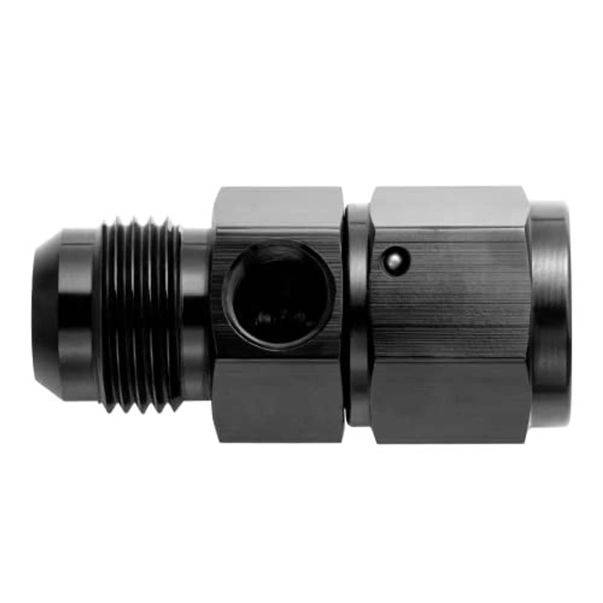 Black swivel connector fitting with central hex and dual threaded ends