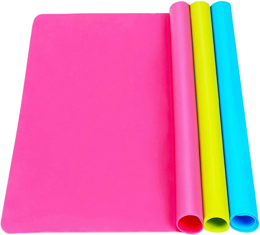 Large silicone craft mat sheet set: magenta, neon yellow, and blue rolled edges