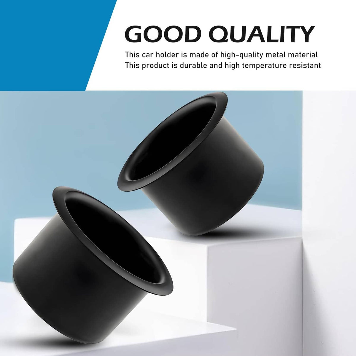 Black metal cup holder inserts angled view, deep circular wells with raised rims