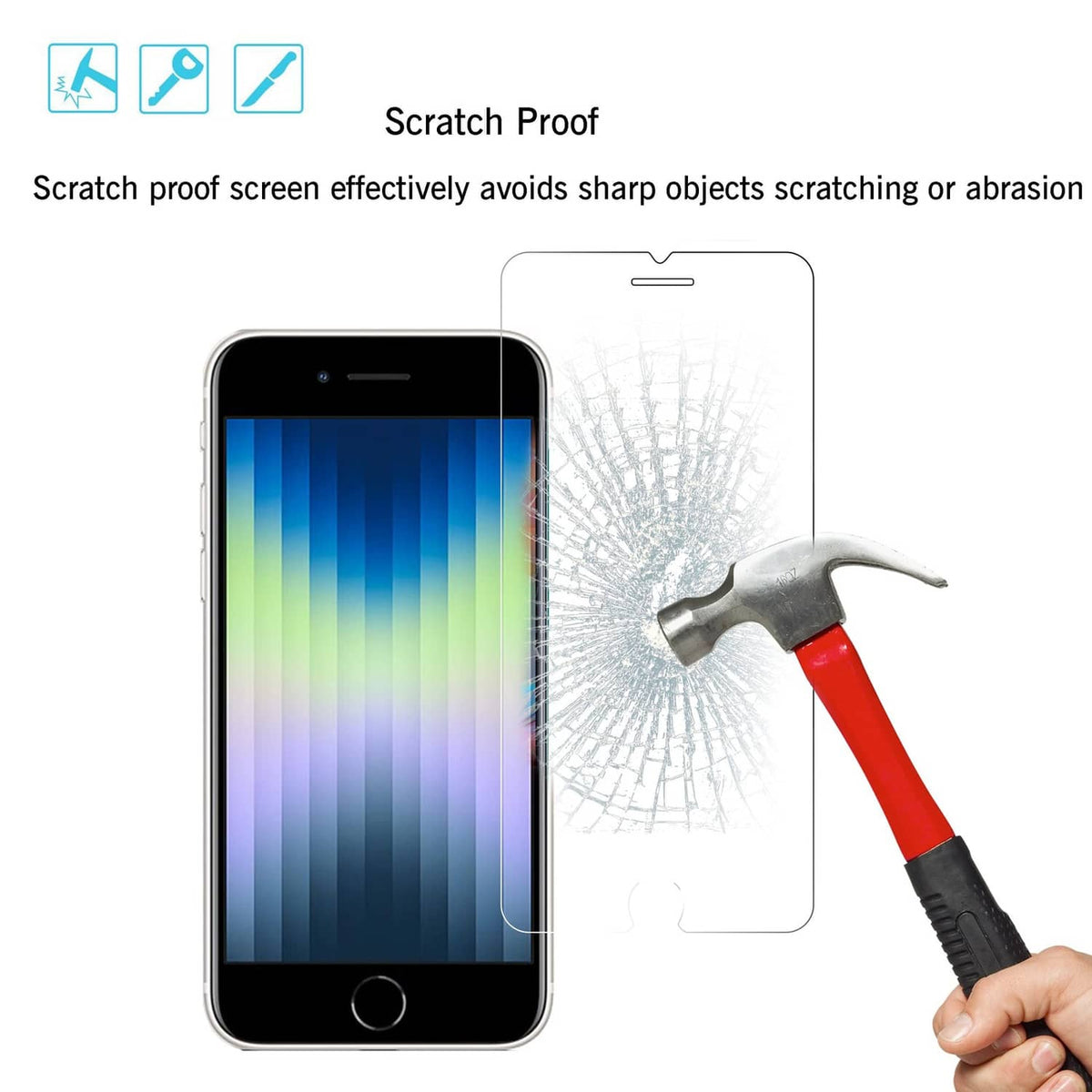 Tempered glass screen protector on iPhone SE with anti-shatter impact