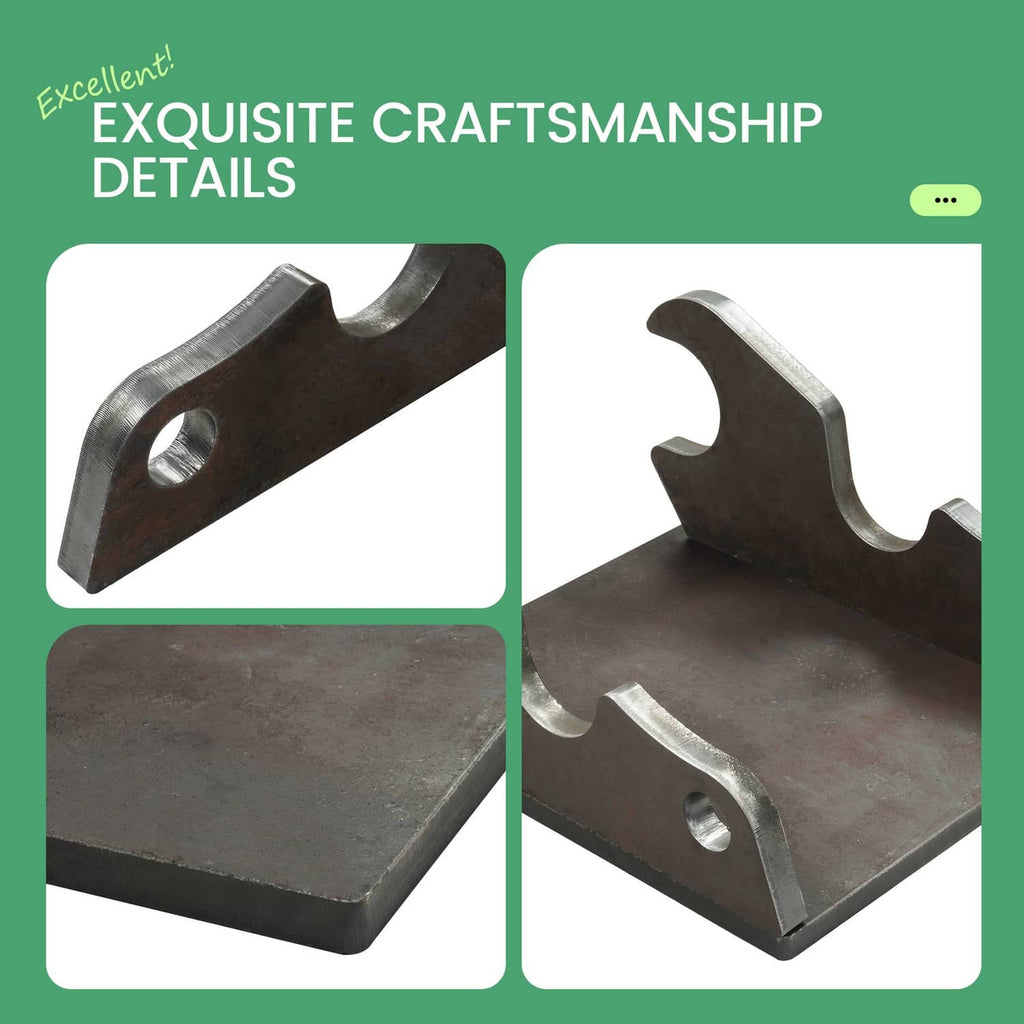 Steel quick-attach bucket bracket with curved top fork and two circular mounting holes
