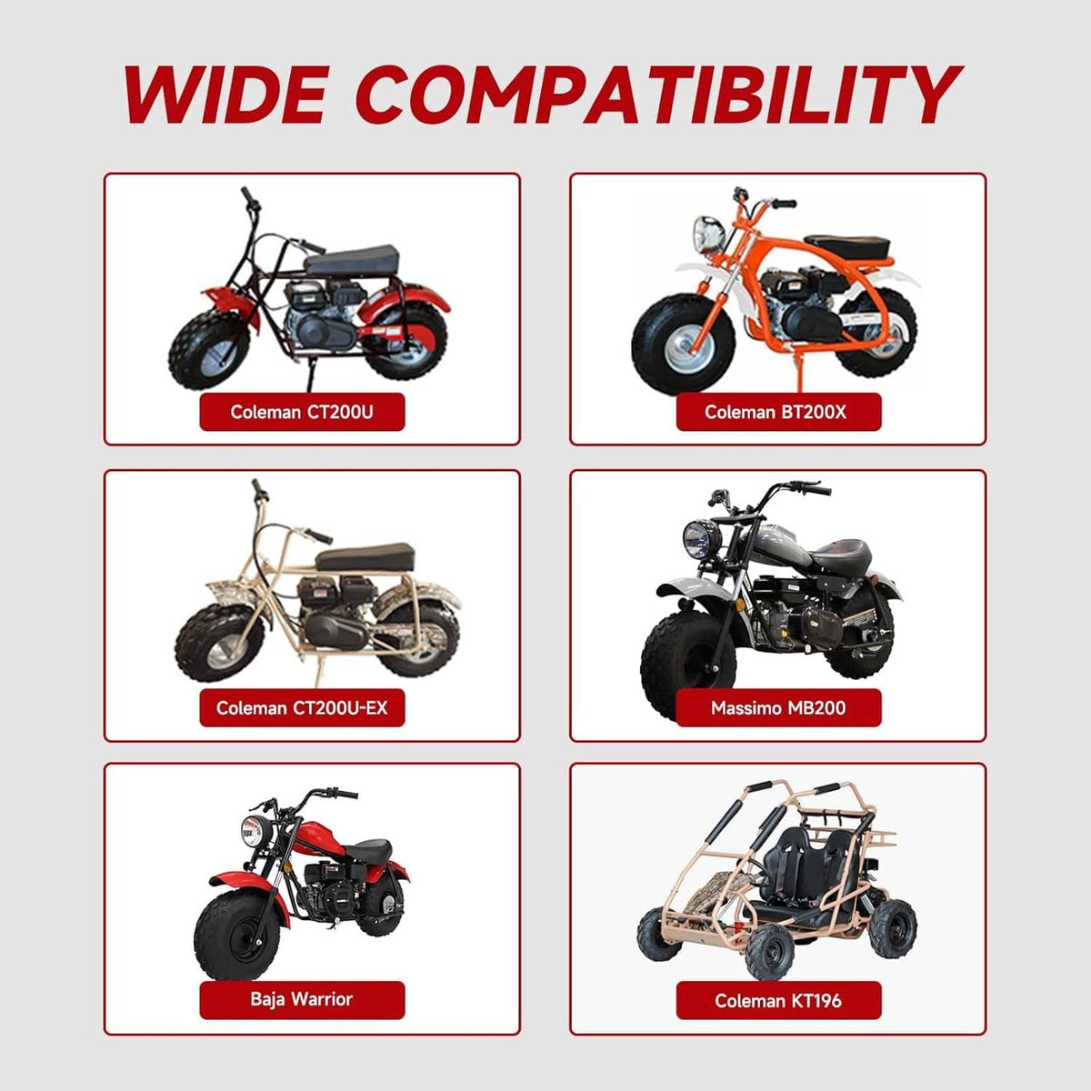 Mini bikes shown as compatibility options for a carburetor throttle kit