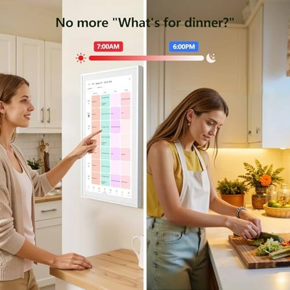 White electronic calendar wall planner with touchscreen timeline and appointment blocks