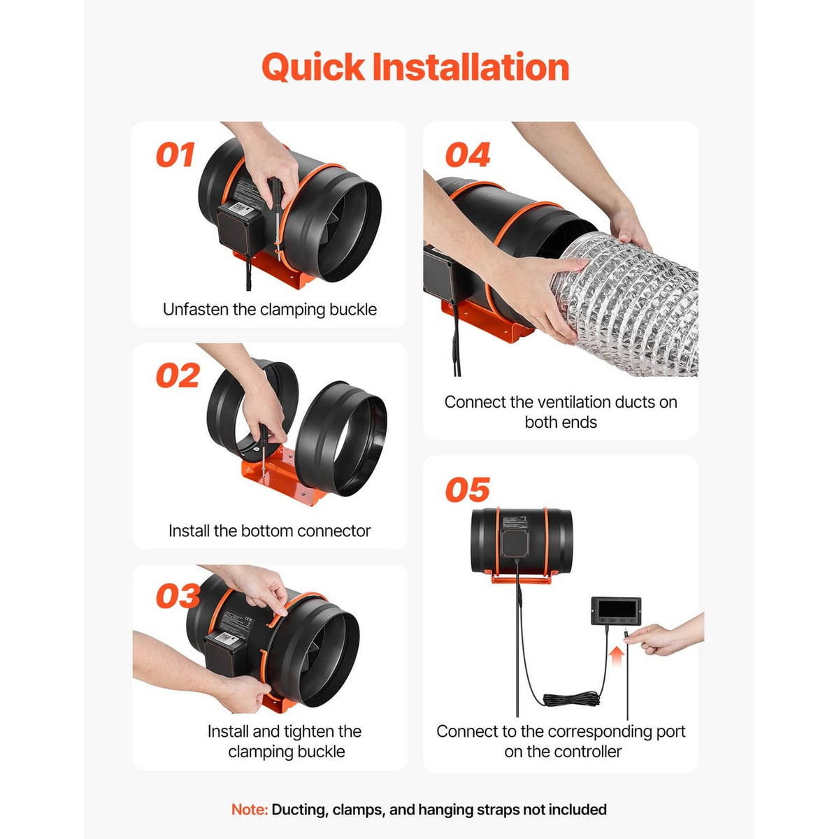 8-inch inline duct fan quick installation infographic with step-by-step connector setup