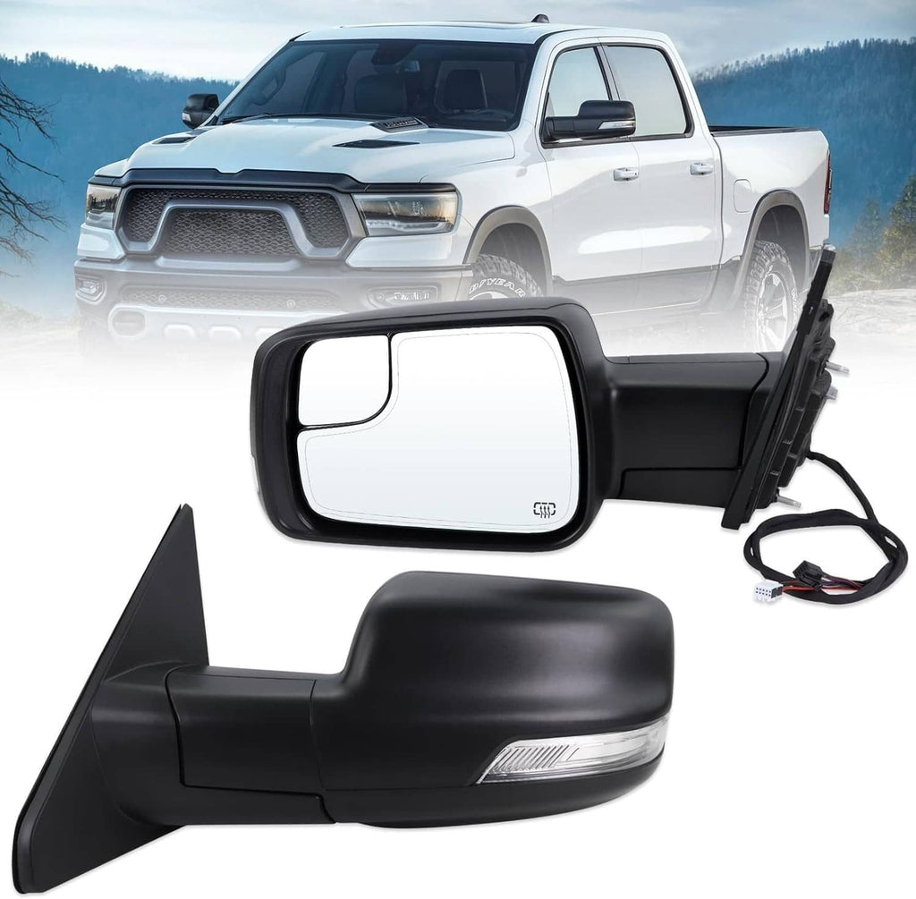 Black side mirror pair with heated glass and turn-signal light, front view