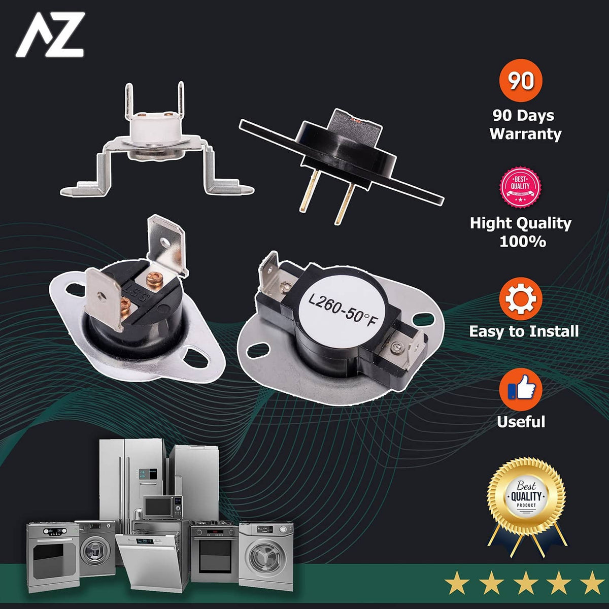 Dryer thermostat and thermal fuse replacement parts with metal bases and terminal pins