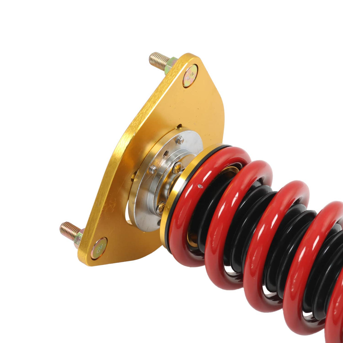 Coilover strut with gold triangular mount, red and black springs, and silver bearing plate
