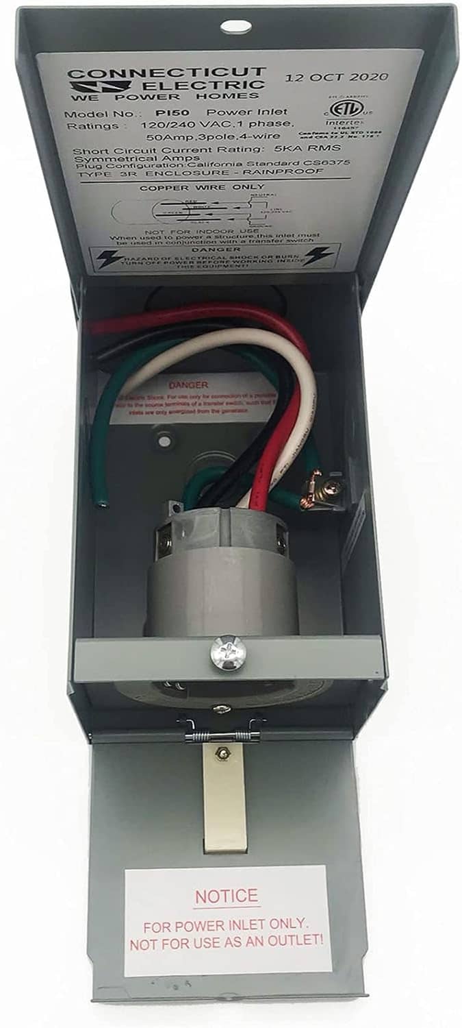 Rainproof power inlet box with open interior wiring and circular socket opening, gray