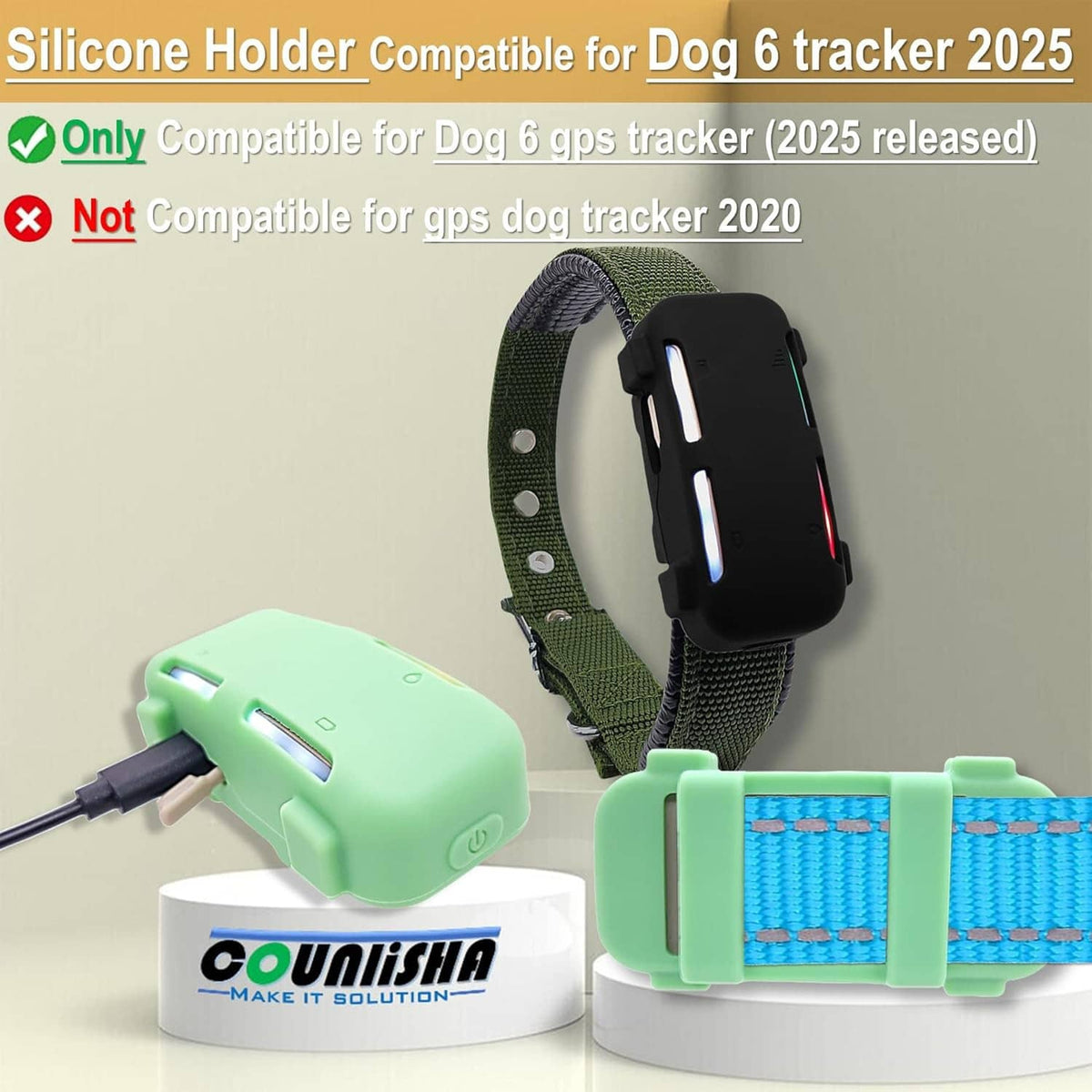 Silicone tracker holder cases with collar strap, showing black and mint holders