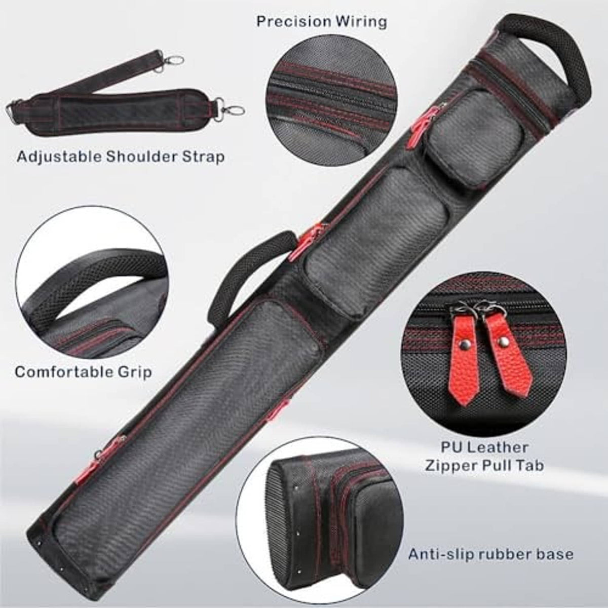 Pool cue case with adjustable shoulder strap, zipper pull tab, anti-slip rubber base, dark gray.