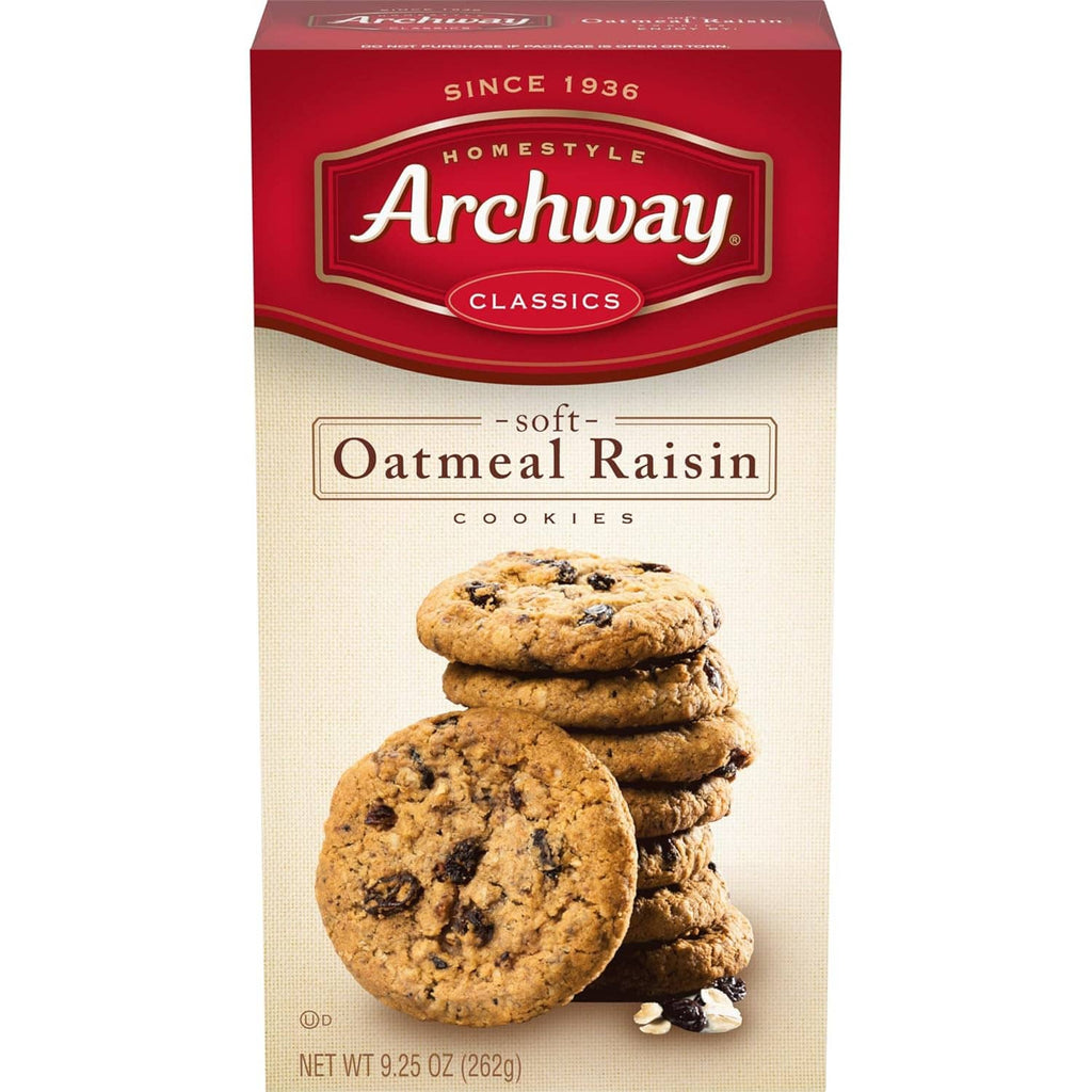 Archway Homestyle Classics soft oatmeal raisin cookies box with stacked cookies graphic