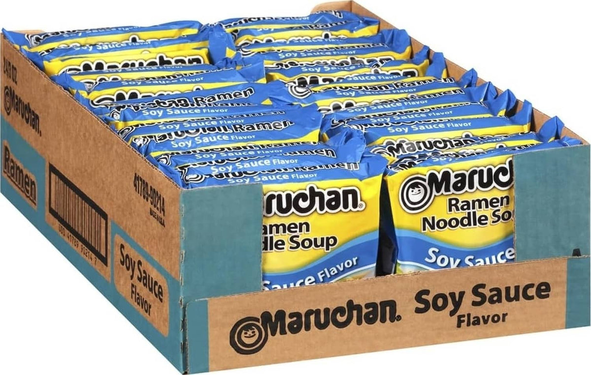 Maruchan ramen noodle soup soy sauce flavor multipack carton with blue noodle soup boxes