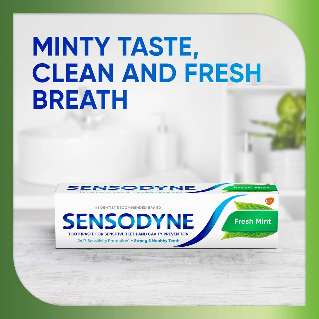 Fresh Mint sensitive toothpaste carton with tube, minty clean and fresh