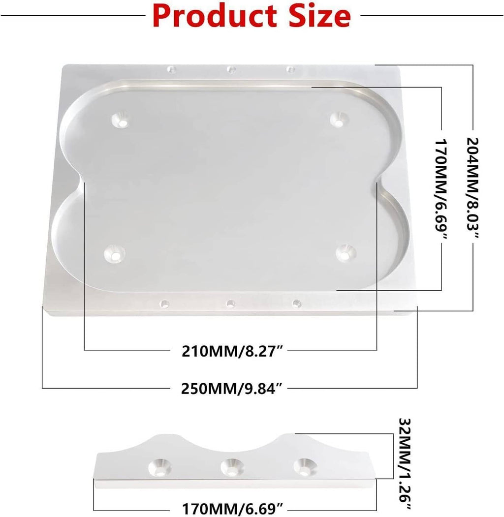 Battery mounting tray hold-down plate with rounded corners and four mounting holes