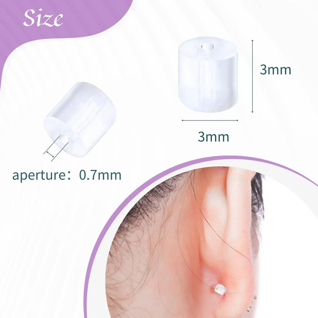 Clear silicone earring back stopper on ear, with small transparent cylinder pieces