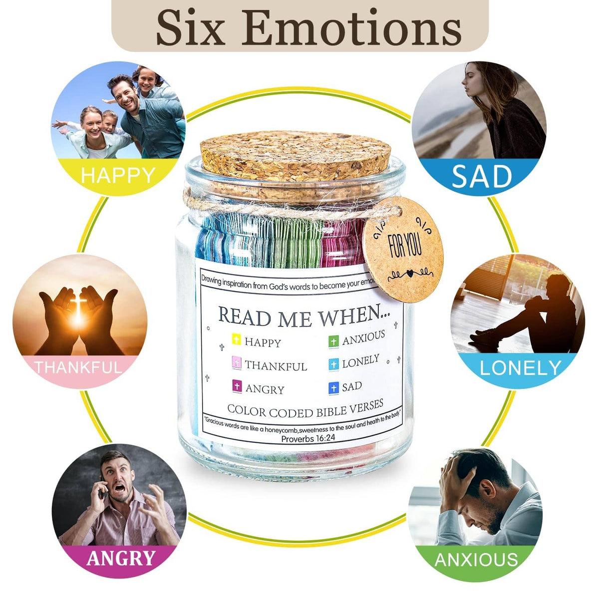 Glass verse jar with cork lid, 'Read Me When' label and emotion color circles