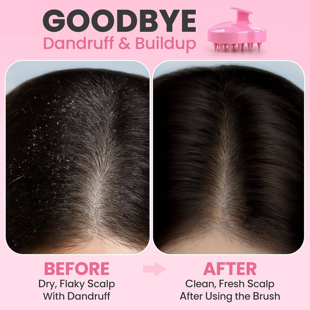 Scalp massager before-and-after view showing cleaner, fresher scalp