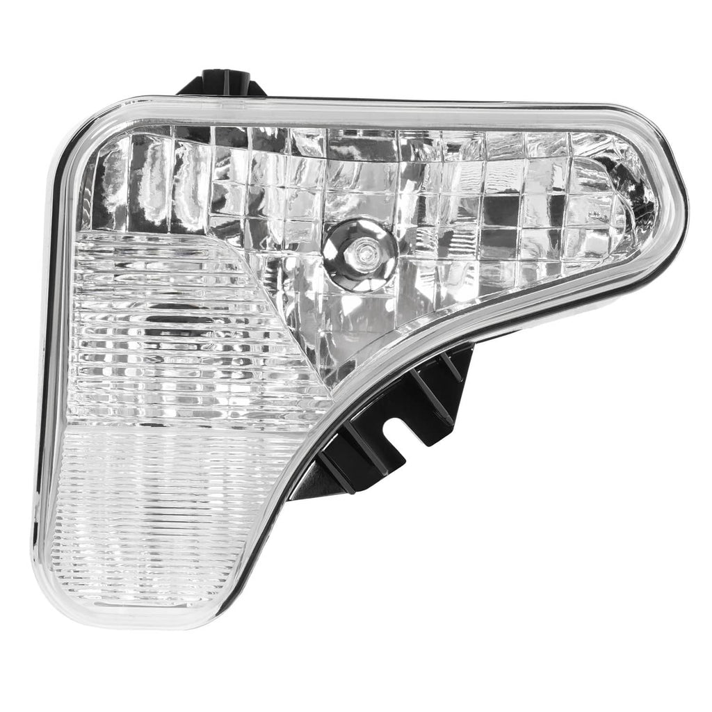 Right headlight lamp with clear lens, chrome reflector, and black mounting clips