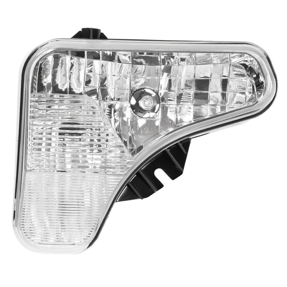 Right headlight lamp with clear lens, chrome reflector, and black mounting clips