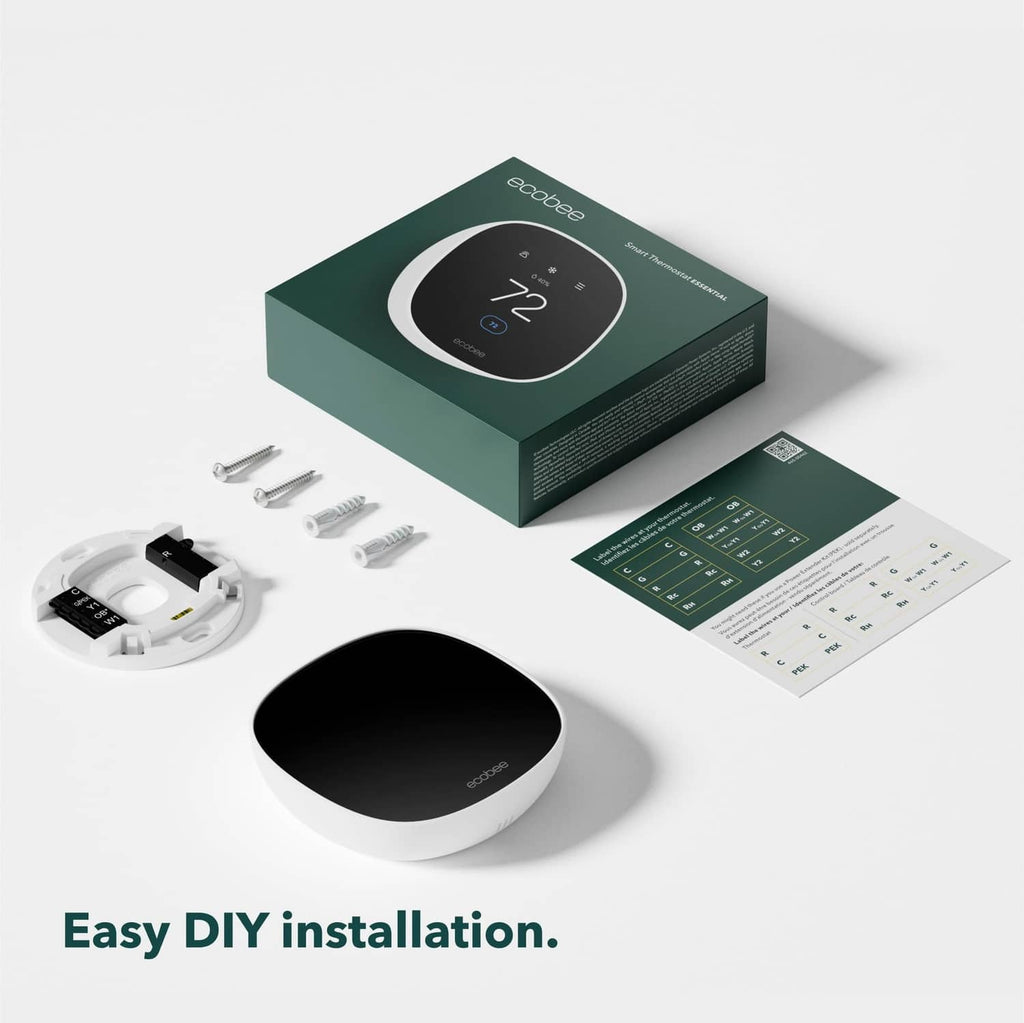 Smart thermostat DIY kit with thermostat base, screws, box, and instruction sheet