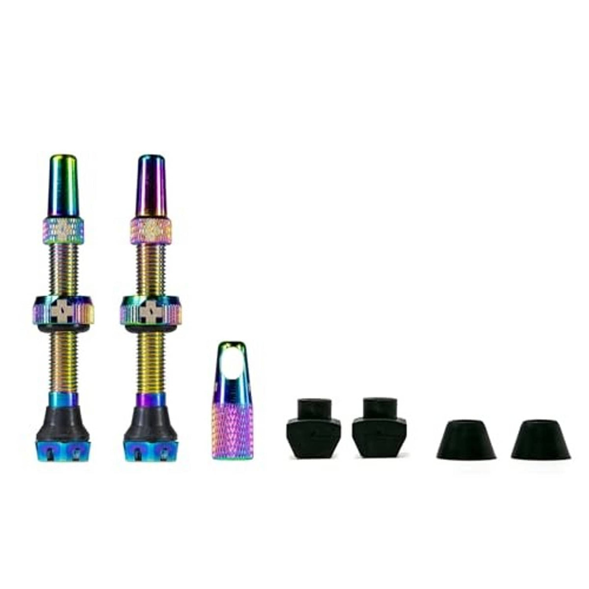 Iridescent Presta tubeless valve set with multiple black caps and rubber bases