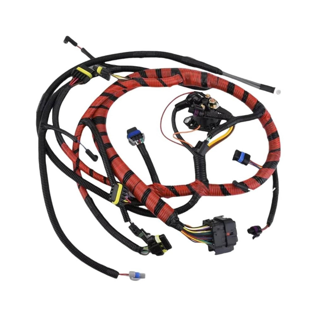 Engine wiring harness with braided red-and-black wires and multiple electrical connectors