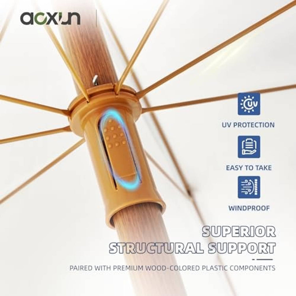 Wood-toned umbrella pole hub with UV protection and windproof support