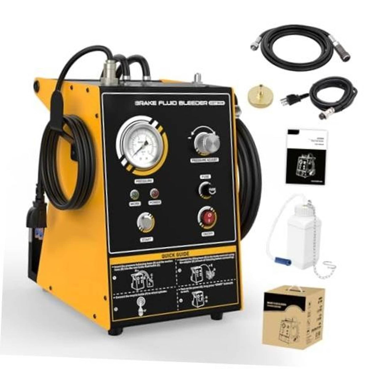Electric brake fluid bleeder kit unit with control panel, hoses, and accessories set