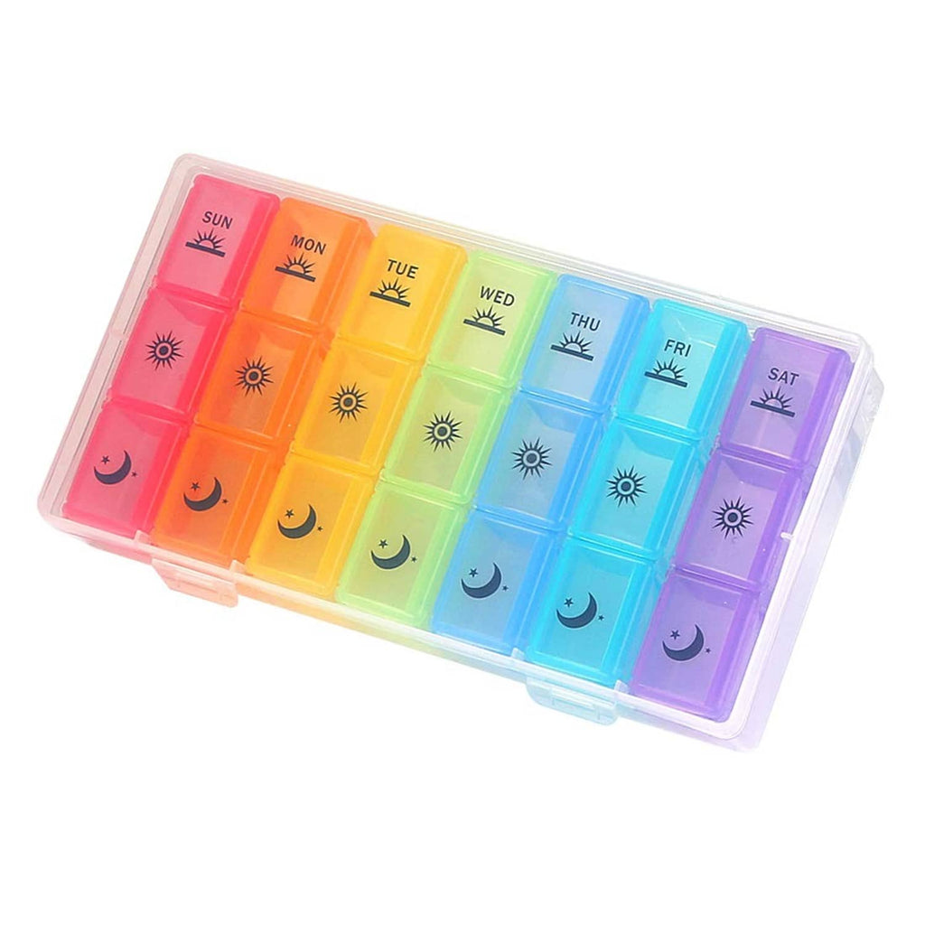 Clear weekly pill organizer with rainbow 7-day compartments and moon/sun day icons