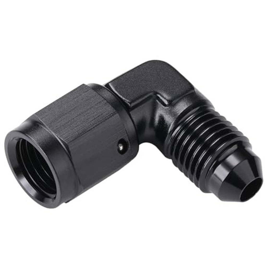 Black 90-degree AN swivel fitting with curved 90-degree body and two threaded ports