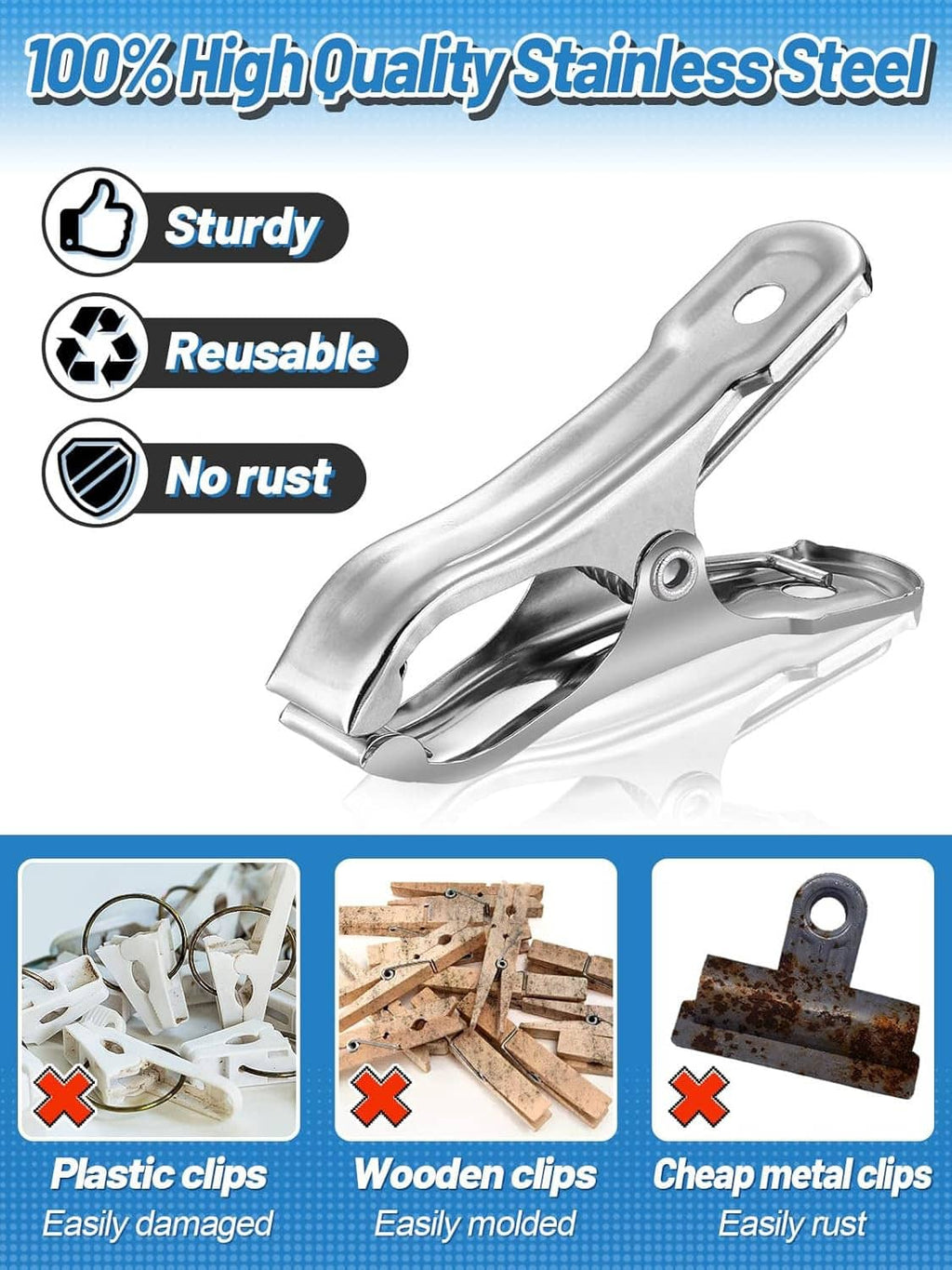 Stainless steel open greenhouse clamp, silver spring clip with wide jaw.