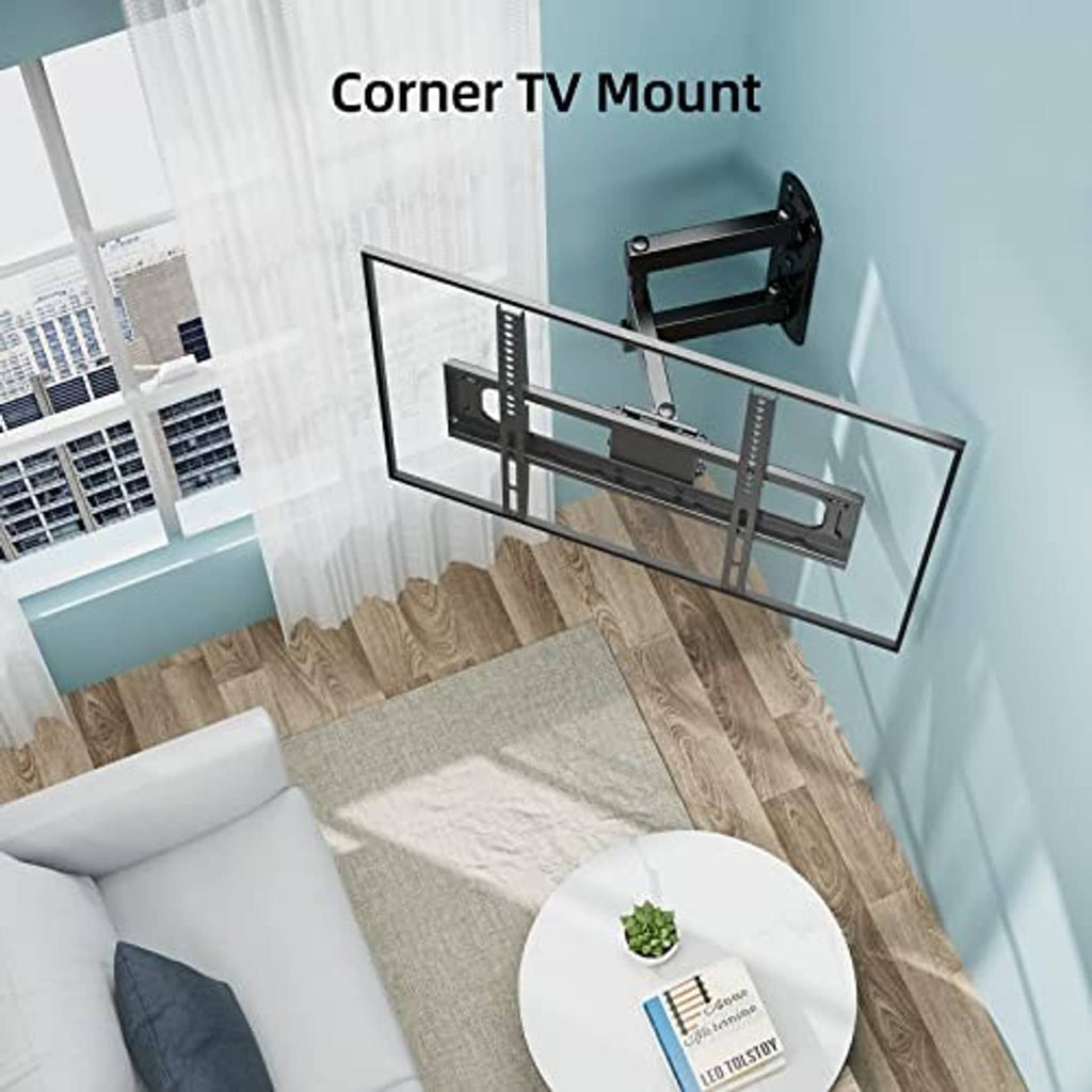 Black corner TV mount with extendable bracket for mounting a flat-screen TV