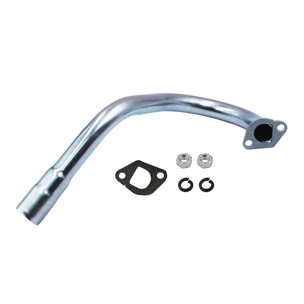 Exhaust header pipe with flange mount, gasket, bolts, and washers; chrome-silver finish